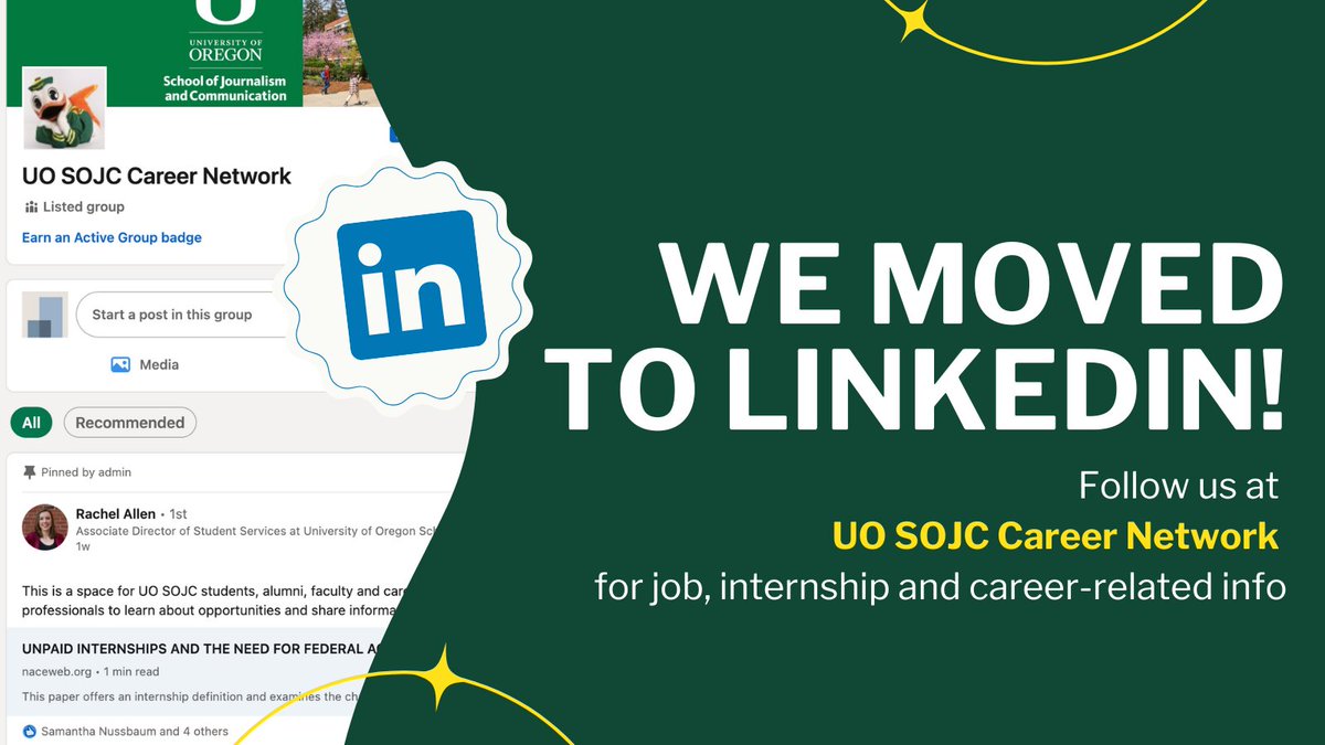 We are moving this page to LinkedIn! From now on, all career and job related info will be posted over there. Give the new page a follow at the link below!
linkedin.com/groups/1430504…
<a href="/UOsojc/">UO Journalism & Comm</a>