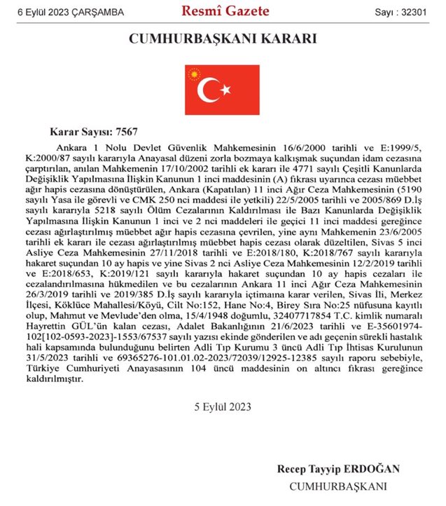 80 yaşındaki generaller cezaevindeyken, kanser hastaları bile tahliye olamıyorken; Sivas Madımak'ta 33 aydını diri diri yakanların yargılandığı davada müebbet hapis cezası alan Hayrettin Gül'ün cezası "sürekli hastalık" sebebiyle kaldırıldı. İşte size "adalet!"