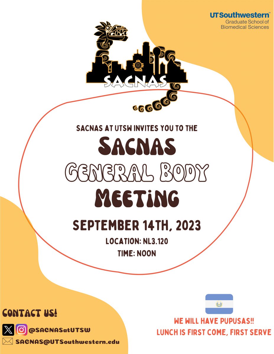 SACNASatUTSW's tweet image. Y’all are invited to our first General Body Meeting! Save the date! September 14th! 

Lunch is provided!
