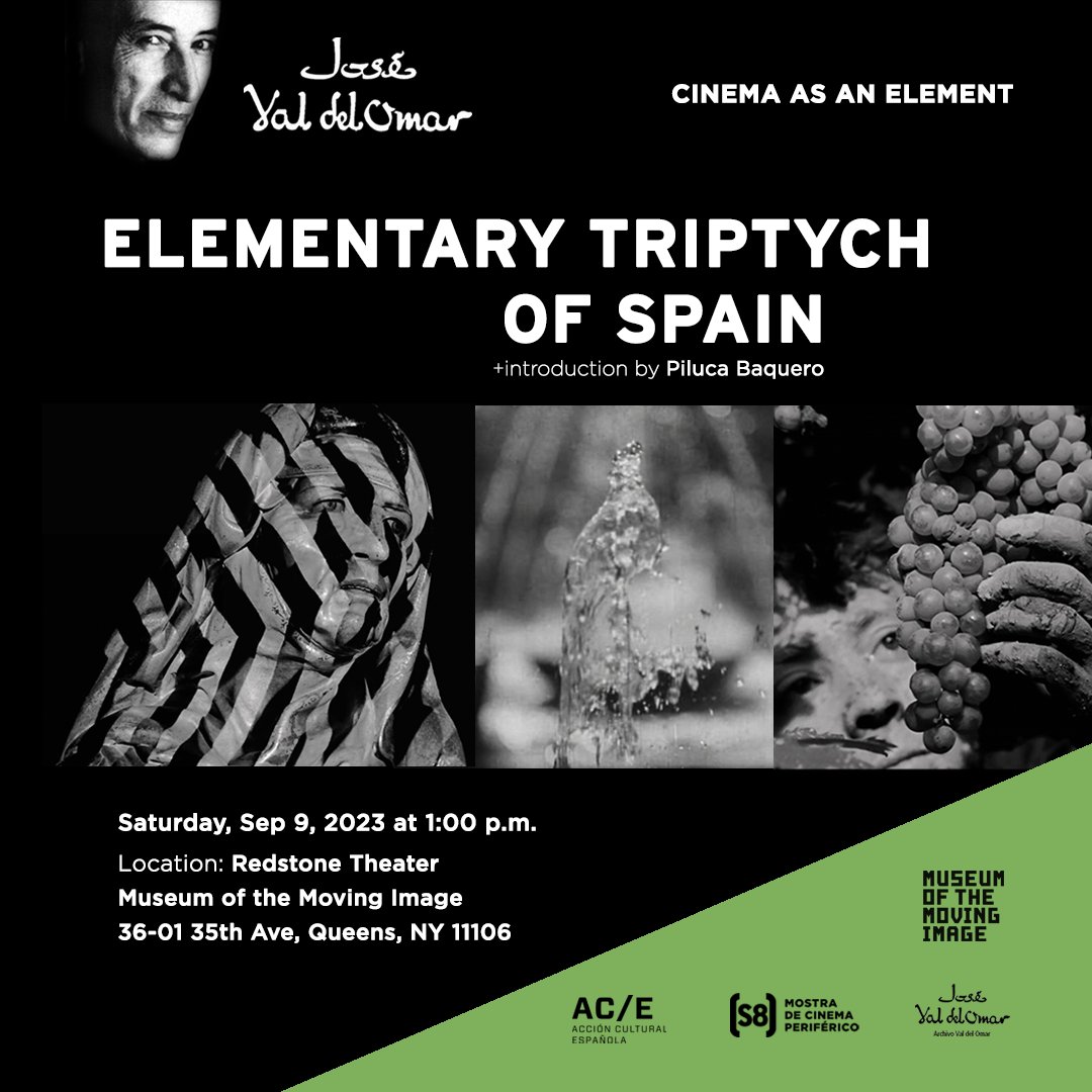 🔅Unique opportunity to see in NYC, José Val del Omar’s ELEMENTARY TRIPTYCH OF SPAIN in 35mm restored copies with diaphonic sound.
With presentation by <a href="/PilucaBaquero/">Piluca Baquero</a> , director of the Val del Omar Archive.
🕐 This Saturday, Sep. 9, 2023 at 1 pm.
🚩 Location: <a href="/MovingImageNYC/">Museum of the Moving Image</a>