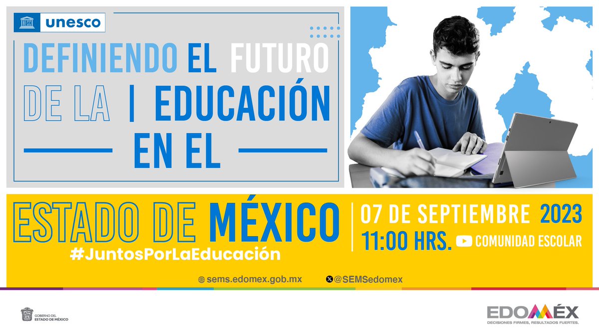 Te esperamos el 07 de septiembre a las 11:00 AM en Facebook bit.ly/3PgiJY2 y YouTube bit.ly/3EnIOhm. 
Recuerda que juntos forjamos un futuro educativo inclusivo. 
#JuntosPorLaEducación
<a href="/UNESCOMexico/">UNESCO México</a>
<a href="/SEMSedomex/">SEMS</a>
<a href="/israeljero/">Israel Jerónimo</a>