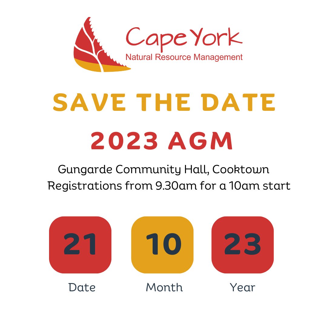 SAVE THE DATE 📅

Cape York NRM's 2023 Annual General Meeting will be held on Saturday 21 October at 10am in Cooktown!

Stay tuned for more details.
