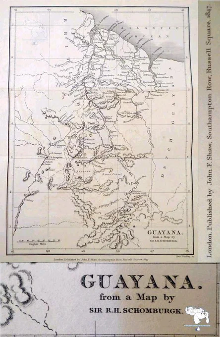 1807 Mapa de la Guayana británica donde se incluye el Territorio venezolano del Esequibo antes de que se marcara el ilegal límite de facto. Extraído de un mapa general de las Guayanas por Schomburgk. Publicado por John F. Snow de Southhampton en el año 1847 #UnDiaComoHoy #5Sep