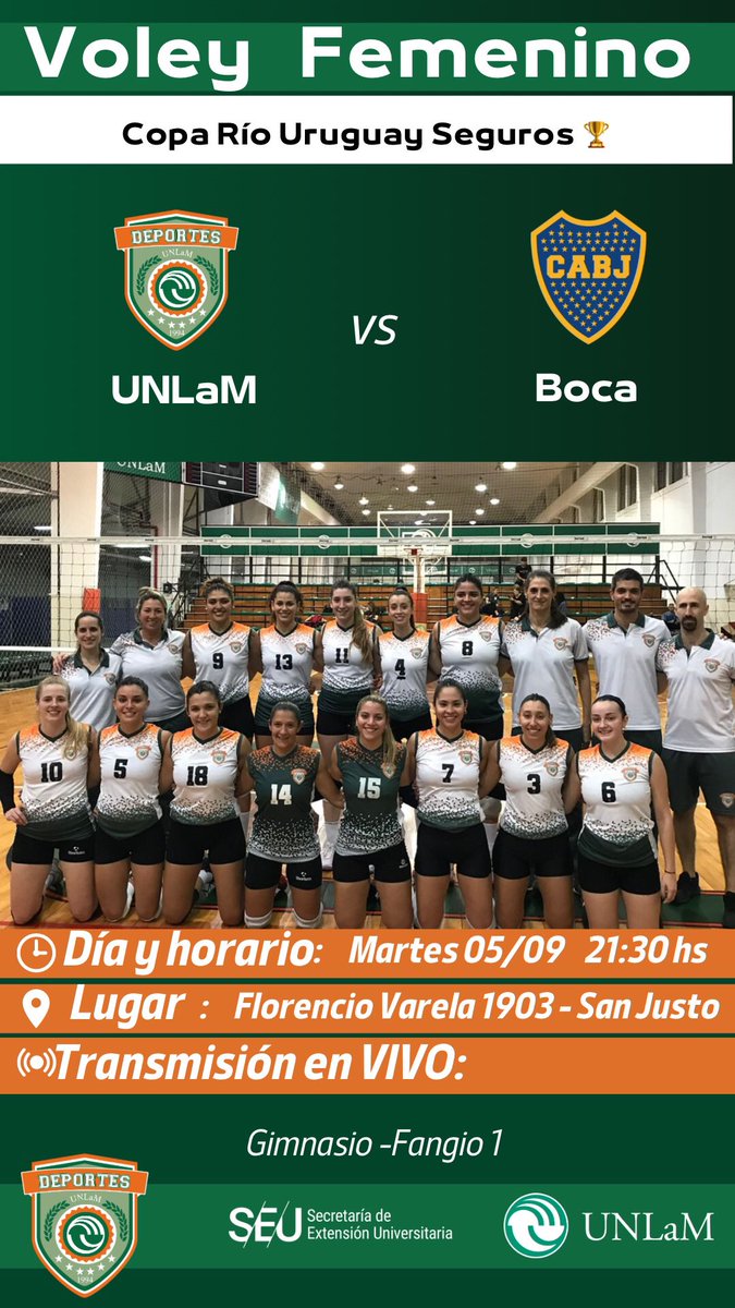 Hoy hay voley en <a href="/UnlamOficial/">Universidad Nacional de La Matanza</a> !!
.
.
El plantel femenino de División de Honor recibe a <a href="/BocaVoley/">Boca Vóley</a> por la Copa Rio Uruguay Seguros 🏆 

⏰ 21:30 hs 
📍UNLaM ( Florencio Varela 1903)
🏟 Fangio 1
📺 youtube.com/@UNLaM.Deporte…

Los esperamos a todos!!💪🏻

Vamos UNLaM 💚🧡
