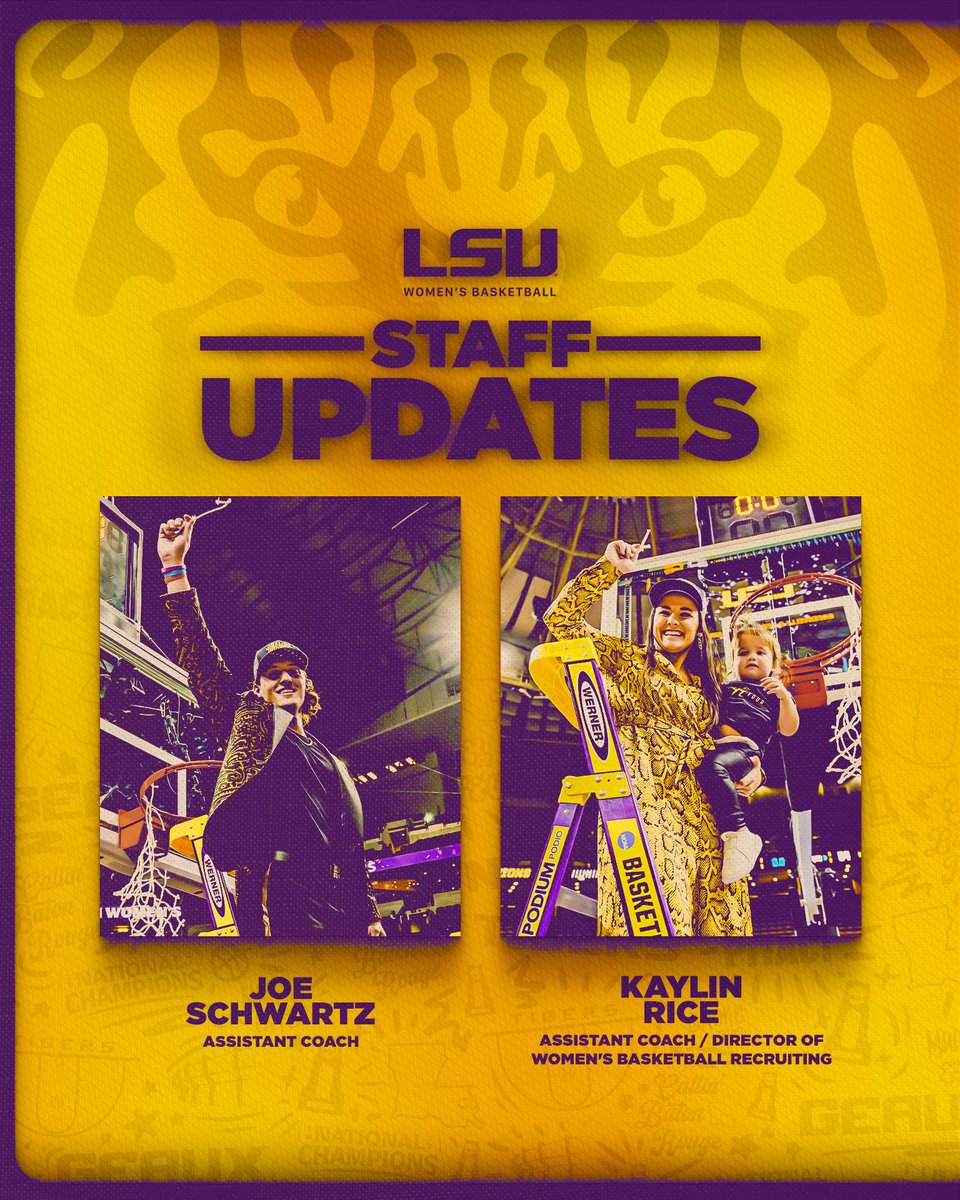 LSUwbkb's tweet photo. Kaylin Rice and Joe Schwartz have been elevated to assistant coaches following the recent NCAA rule change approved by the Division I Council that supported an increase of two assistant coaches for programs around the country!

📄 https://t.co/AwQTZWu39W https://t.co/ZlUKpZYvFO
