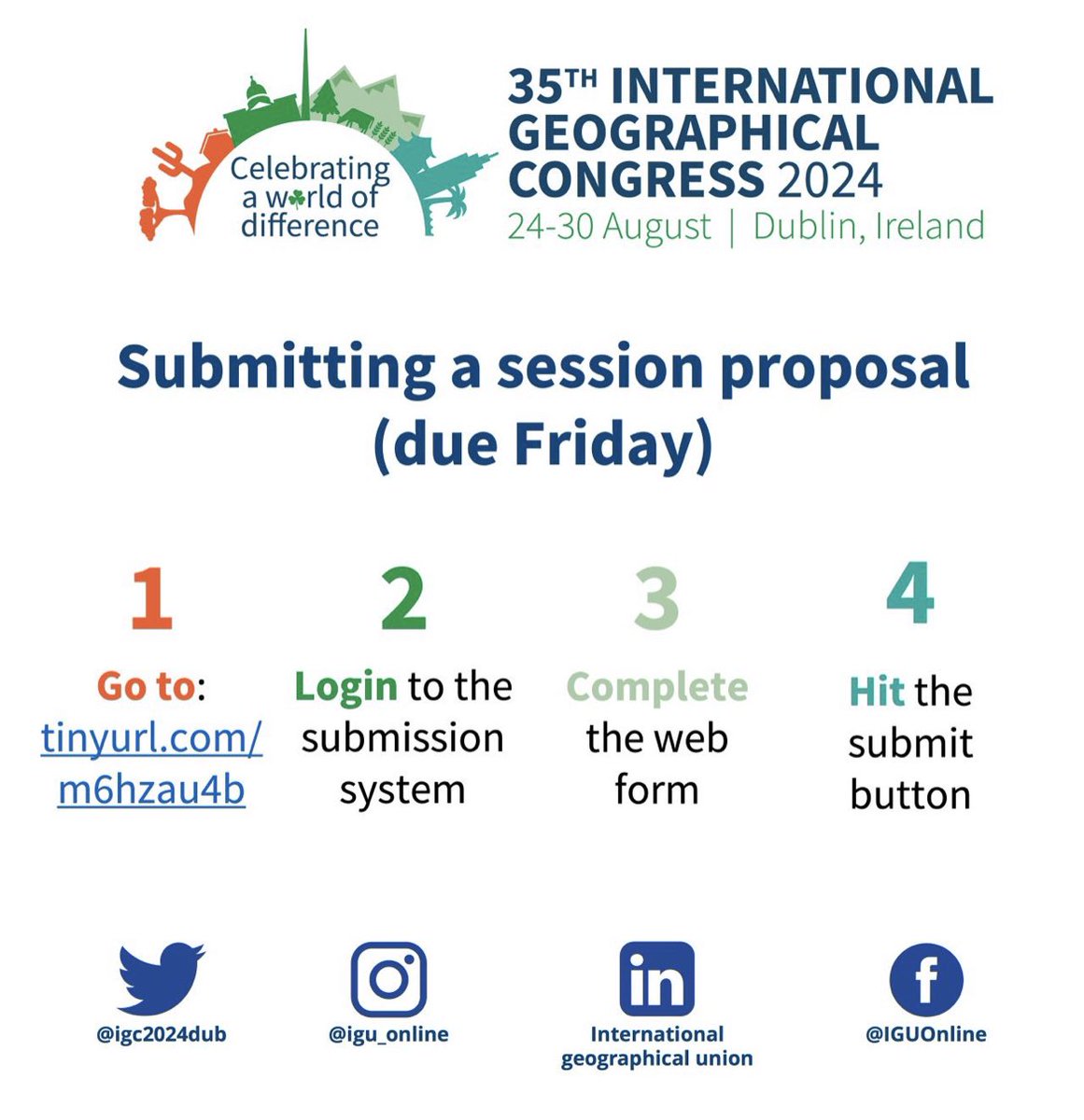 Tourism Geographies (@tourismjournal) on Twitter photo 💥ATTENTION - 注意 - 주목 - ATENCIÓN
☎️ calling tourism geographers + others
⏰ Deadline for proposal submissions – 9 September 2023
#TourismGeographies
🍀 See you in Dublin in 2024!
See igc2024dublin.org/call-for-sessi…
<a href="/igc2024dub/">@IGC2024Dub</a> <a href="/Jules_C_Wilson/">Jules Wilson</a> <a href="/jmcheer1/">J.M. Cheer</a> <a href="/GeogProfMary/">Mary Mostafanezhad</a> <a href="/KatieGezi/">Katie Gezi</a> 💥ATTENTION - 注意 - 주목 - ATENCIÓN
☎️ calling tourism geographers + others
⏰ Deadline for proposal submissions – 9 September 2023
#TourismGeographies
🍀 See you in Dublin in 2024!
See igc2024dublin.org/call-for-sessi…
<a href="/igc2024dub/">@IGC2024Dub</a> <a href="/Jules_C_Wilson/">Jules Wilson</a> <a href="/jmcheer1/">J.M. Cheer</a> <a href="/GeogProfMary/">Mary Mostafanezhad</a> <a href="/KatieGezi/">Katie Gezi</a>