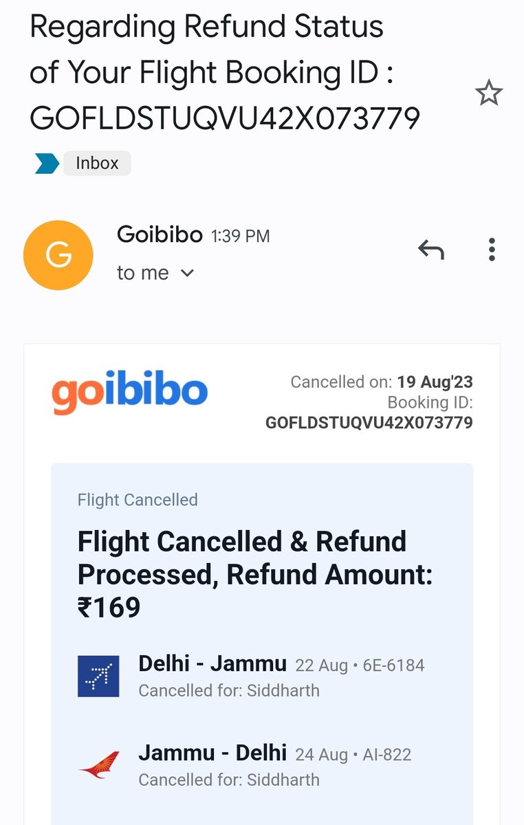 Siddharth_Kak's tweet photo. @IndiGo6E has graciously issued a full refund however I am yet to receive anything from @TeamGoibibo @GoibiboSupport? https://t.co/H1Z7W7STXn