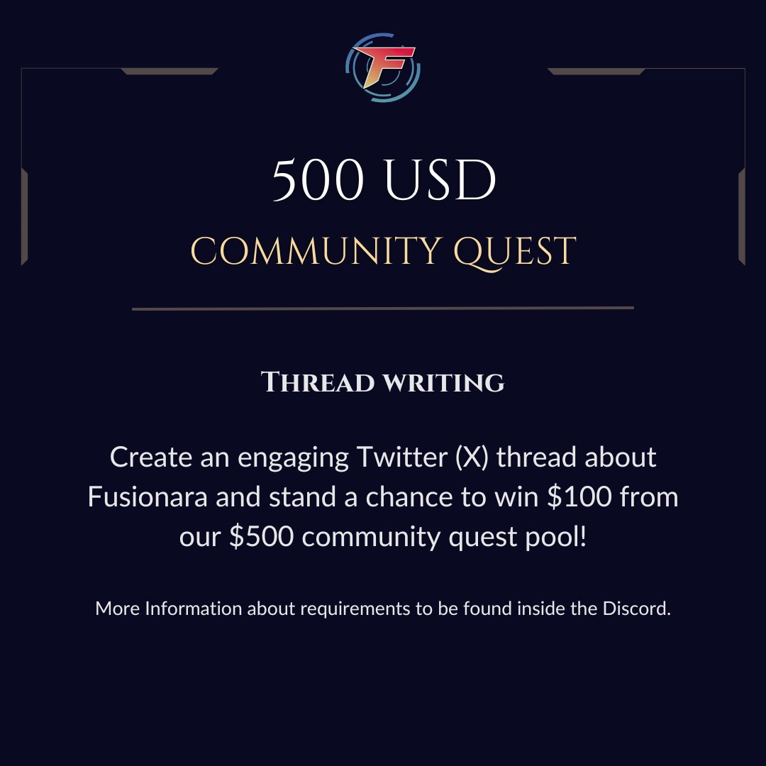 // 𝟓𝟎𝟎 𝐔𝐒𝐃 𝐂𝐎𝐌𝐌𝐔𝐍𝐈𝐓𝐘 𝐐𝐔𝐄𝐒𝐓
September

Every month, the power is in your hands to shape Fusionara’s destiny.

Get inside the Discord to find out more about this months quest: discord.gg/fusionara