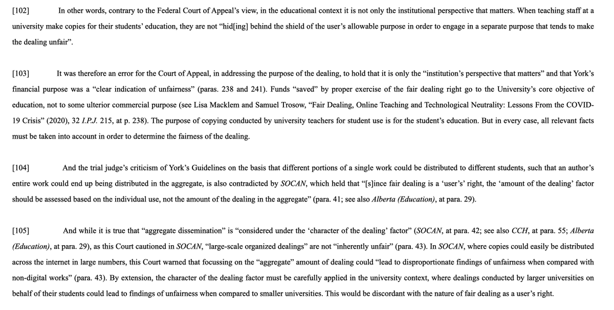 mgeist's tweet image. Here’s what the Supreme Court actually said about lower court findings on fair dealing in the Access Copyright v. York University case. Years of misleading claims and denials on the reality of fair dealing copyright law in Canada continues.