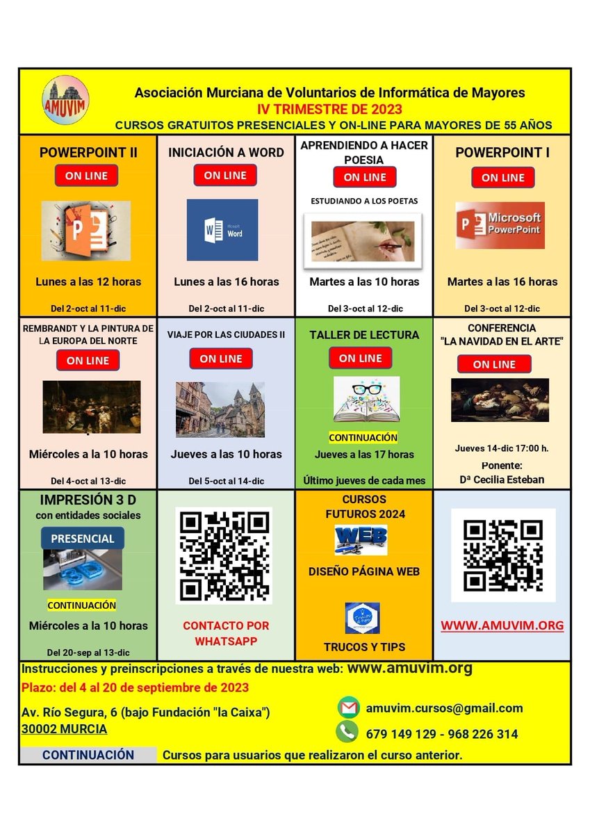 🎉 Nos complace anunciar que los cursos del cuarto trimestre de 2023 ya están aquí y ¡son impresionantes! 😍

 ¡Las inscripciones están abiertas hasta el 20 de septiembre! 📅
Esperamos vuestra participación