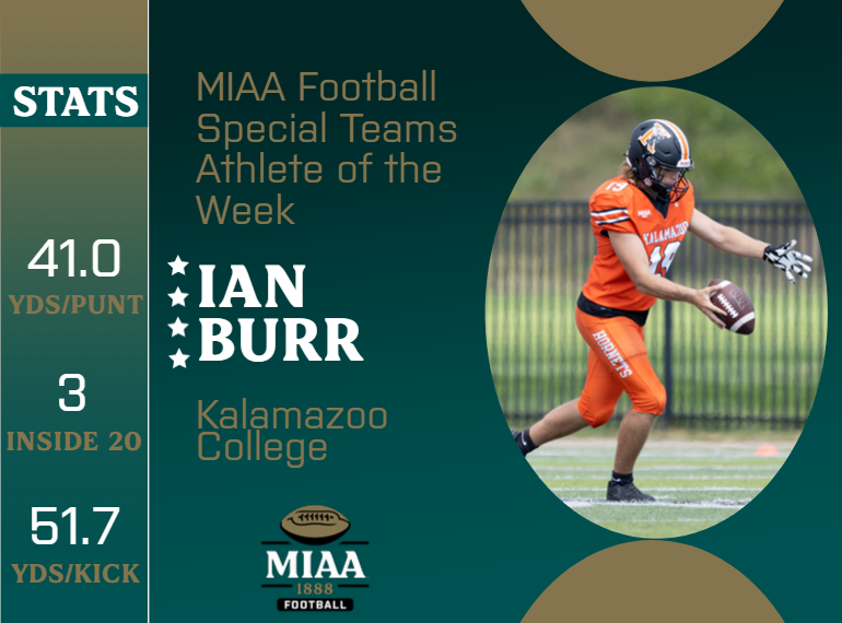 #D3MIAA Football Athletes of the Week | September 5, 2023 🏈

Offensive:
Josh Nichols, <a href="/khornets/">Kalamazoo College Athletics</a>
miaa.org/x/ygn45

Defensive:
Austin Berkompas, <a href="/OlivetAthletics/">The University of Olivet Athletics</a> 
miaa.org/x/s7e7k

Special Teams:
Ian Burr, <a href="/khornets/">Kalamazoo College Athletics</a> 
miaa.org/x/m6ojo

#MIAAfb