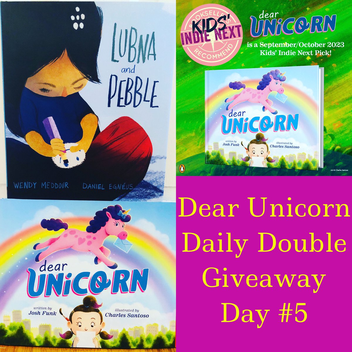 joshfunkbooks's tweet photo. To celebrate the release of my 19th (!!) book, DEAR UNICORN, I’m giving away 19 copies of both DEAR UNICORN and another favorite picture book of mine as part of a *DEAR UNICORN Daily Double #Giveaway*

On day 5, I’m giving away LUBNA AND PEBBLE by Wendy Meddour & Daniel Egneus in addition to DEAR UNICORN

To enter:
✅ FOLLOW
❤️ LIKE
🔃 RT/QT

BONUS: 👉 REPLY & TAG A FRIEND
DOUBLE BONUS:🤞ENTER AGAIN on all social media platforms (ig, fb, twx, bsky, threads, tiktok, youtube, goodreads, etc)
TRIPLE BONUS: ⬅️ See previous giveaways and CHECK BACK DAILY for a new giveaway each day until 9/19 release.

Winner announced on 9/24.