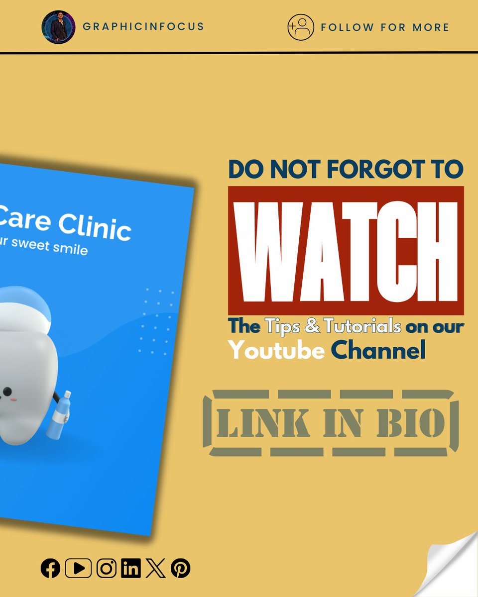 graphicinfocus's tweet image. Dental clinic Poster for my CLIENT designed by using Canva 😊
Follow us to learn the step-by-step process of designing.
@graphicinfocus
📍 For more Canva Tutorials and Tips Follow Us
💜 @graphicinfocus
Hashtags:-
#canvatutorial #canvatutorials
#canvatipsandtricks #canvahacks