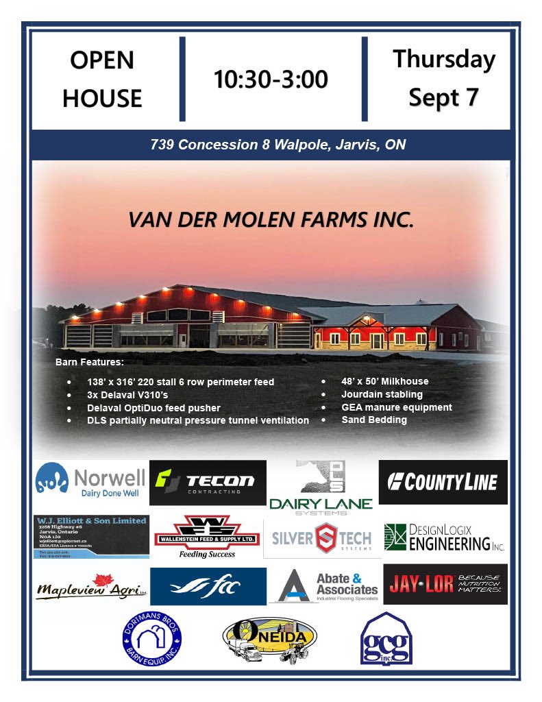 Come check out the new robot startup at Van Der Molen Farms, this Thursday, September 7th! This is a great opportunity to see their impressive herd and take a walk through the new barn.