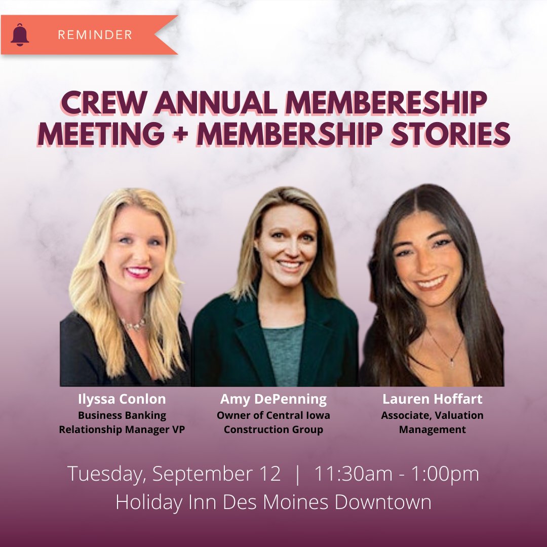 CREWIowa's tweet photo. Join us for a favorite annual luncheon event!  September 12, 11:30am-1:00pm, we will enjoy Member Stories &amp; our Annual Membership Meeting at Holiday Inn - Downtown.  Sign up on Event Brite! https://t.co/8bEffCd2JU