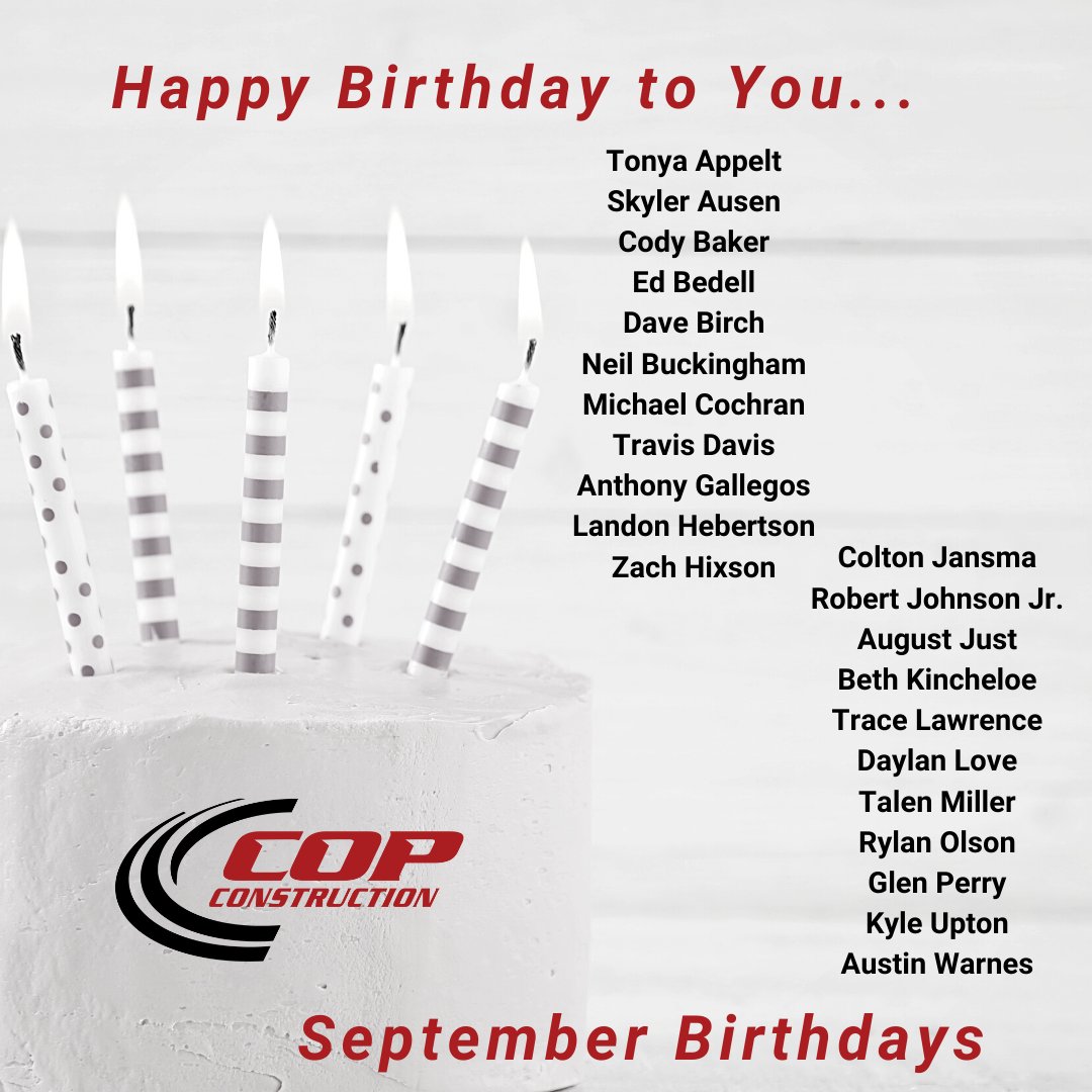 COPConstrLLC's tweet photo. Happy birthday to all those celebrating this September!
#copconstruction #happybirthday #WeAreCOP #COPfamily #COPlife #constructioncareers #careersinconstruction #nowhiring #utahjobs #montanajobs https://t.co/37djQAdPkm
