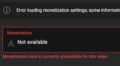 Scyushi's tweet photo. not sure what's going on over at @TeamYouTube but monetization settings seem to be offline?

No issues on my channel, but anything I upload today isn't allowing me to monetize and won't scan restrictions.

Not sure anyone else has this problem? https://t.co/Gy7jYdXf4R
