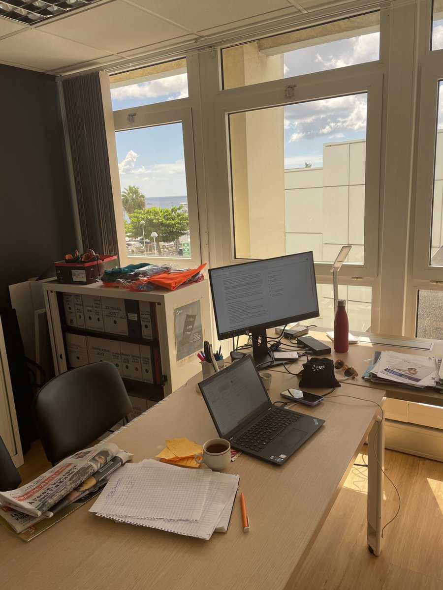 Nouvelle vie pour cette rentrée 2023 ! 
Je suis dorénavant responsable de la communication de <a href="/EDFenMartinique/">EDF en Martinique</a> ; comme plusieurs indices le dévoilent sur la photo : 📰,🏝️,🕶️, etc.
Grosse pensée pour mes anciens collègues de <a href="/rte_france/">RTE</a>