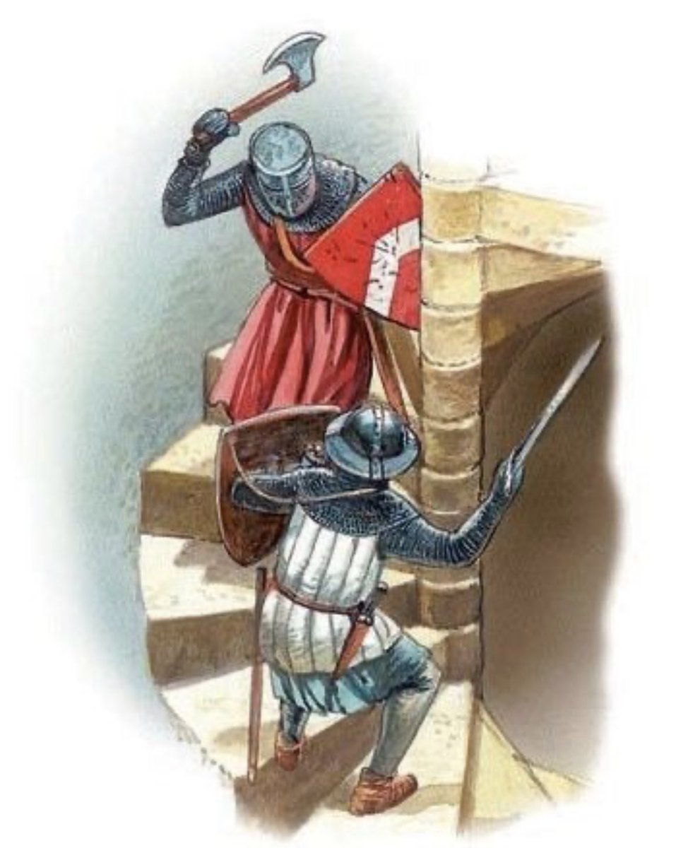 Ever wonder why most staircases in medieval castles were built to be extremely narrow and spiraling in a clockwise direction? Since medieval castles were built mainly as fortifications, staircases were designed to make it extremely difficult for enemy combatants to fight their