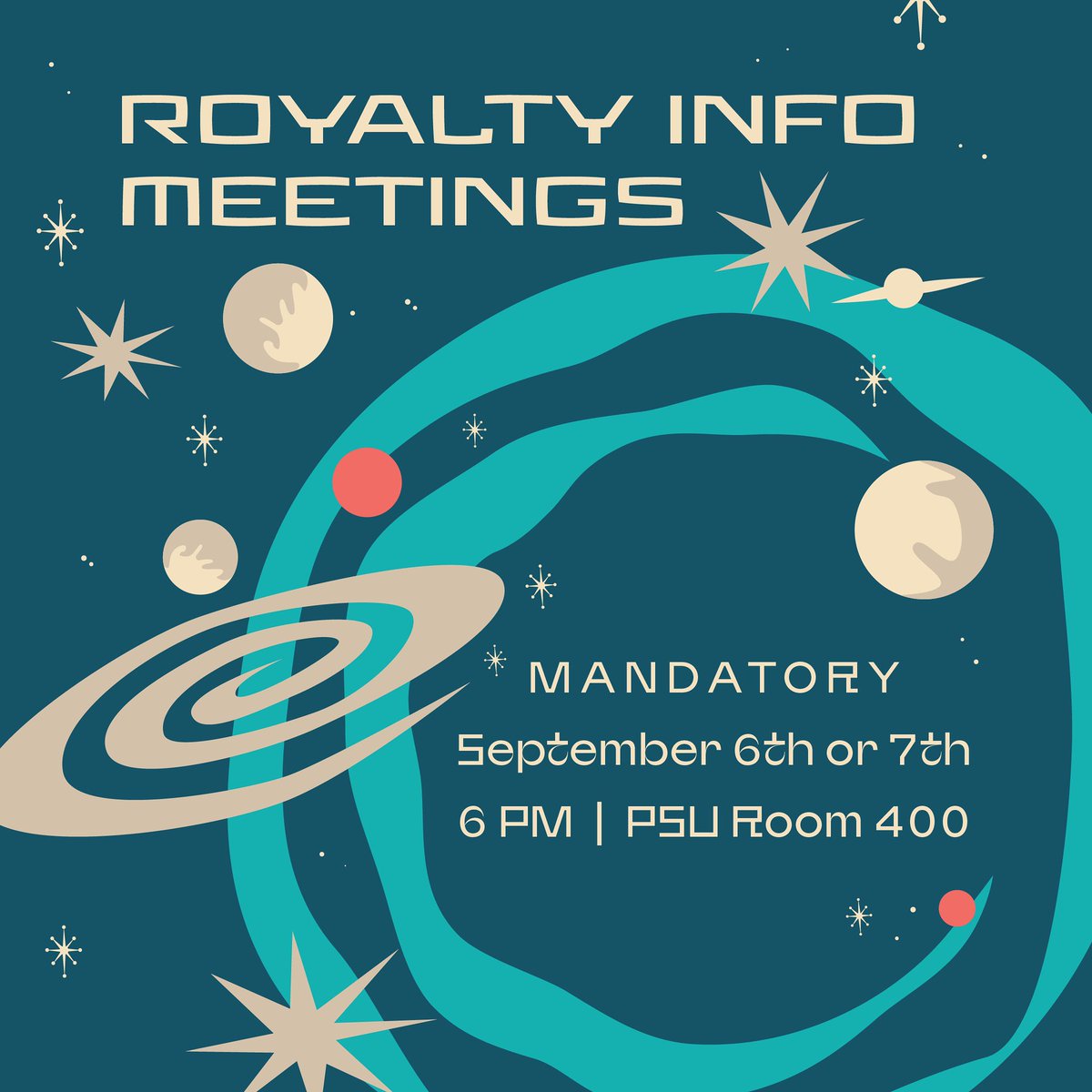 Shoot for the stars &amp; become MSU Royalty ⭐️

Mandatory meetings for all future Royalty candidates take place on Wednesday, September 6th and Thursday, September 7th at 6 PM in PSU400! Candidates are only required to go to one of these meetings.