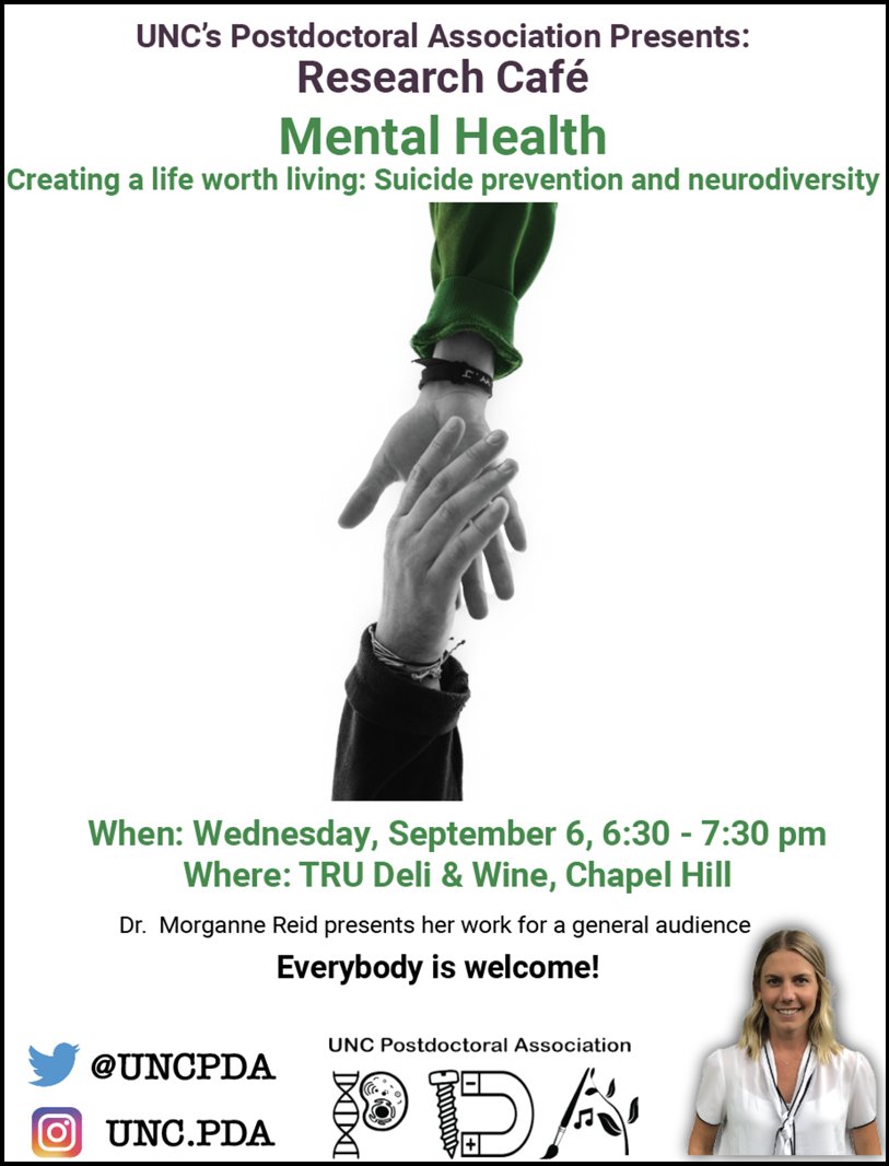 UNCPostdoc's tweet photo. Come hear Dr Morgan Reid discuss the youth mental health crisis, suicide, &amp; lessons from #autism in the next #Postdoc Research Café! TOMORROW from 6:30PM at TRU Deli - Everyone is welcome! #Chapelhill #scicomm @UNCResearch @UNCPDA @TruSciTalks @sconc https://t.co/K4CteHWtBN