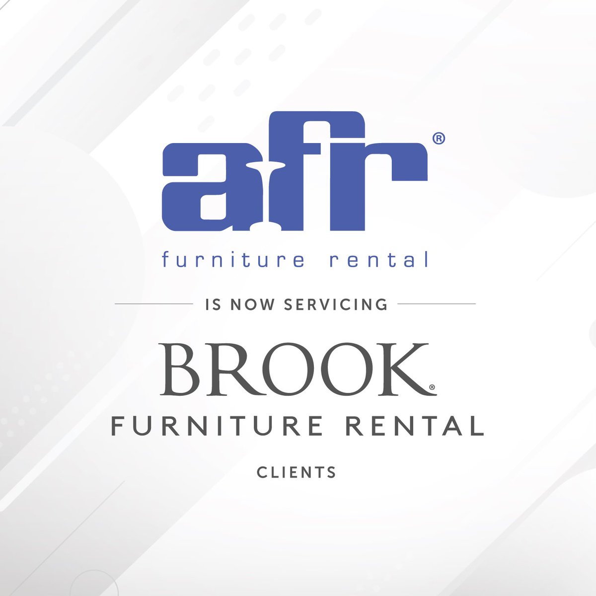 We're excited to announce that AFR Furniture Rental is now servicing Brook Furniture Rental clients! This key development along with AFR’s client-focused philosophy allows us to offer you even more choice, convenience, and value.

#rentafr #furniturerental