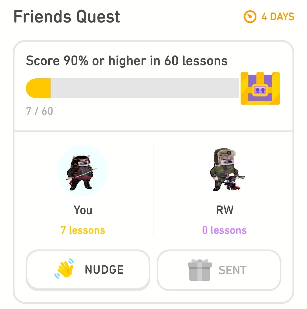 RealSamily's tweet photo. Imagine my shock, surprise and absolute joy when I found out I've been paired on a 'Friend Quest' with a fellow #Fella on Duolingo 🩵💛
If you are RW, please let me know ASAP 😁👏🏻
#ItIsAlwaysMorallyCorrect
#NafoExpansionIsNonNegoitiable
#NafoFellasAreEverywhere https://t.co/DAC9SdubB6