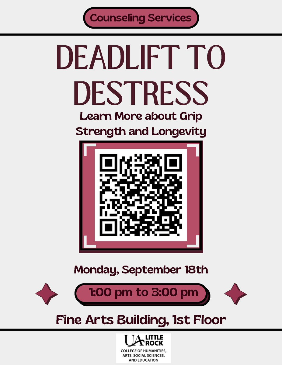 We are so excited to partner with <a href="/UALRCounseling/">UALR Counseling</a> for the Deadlift to Destress event on Mon., Sept. 18 from 1-3 p.m. in Gallery 1 of the Fine Arts building. We hope to see you there!