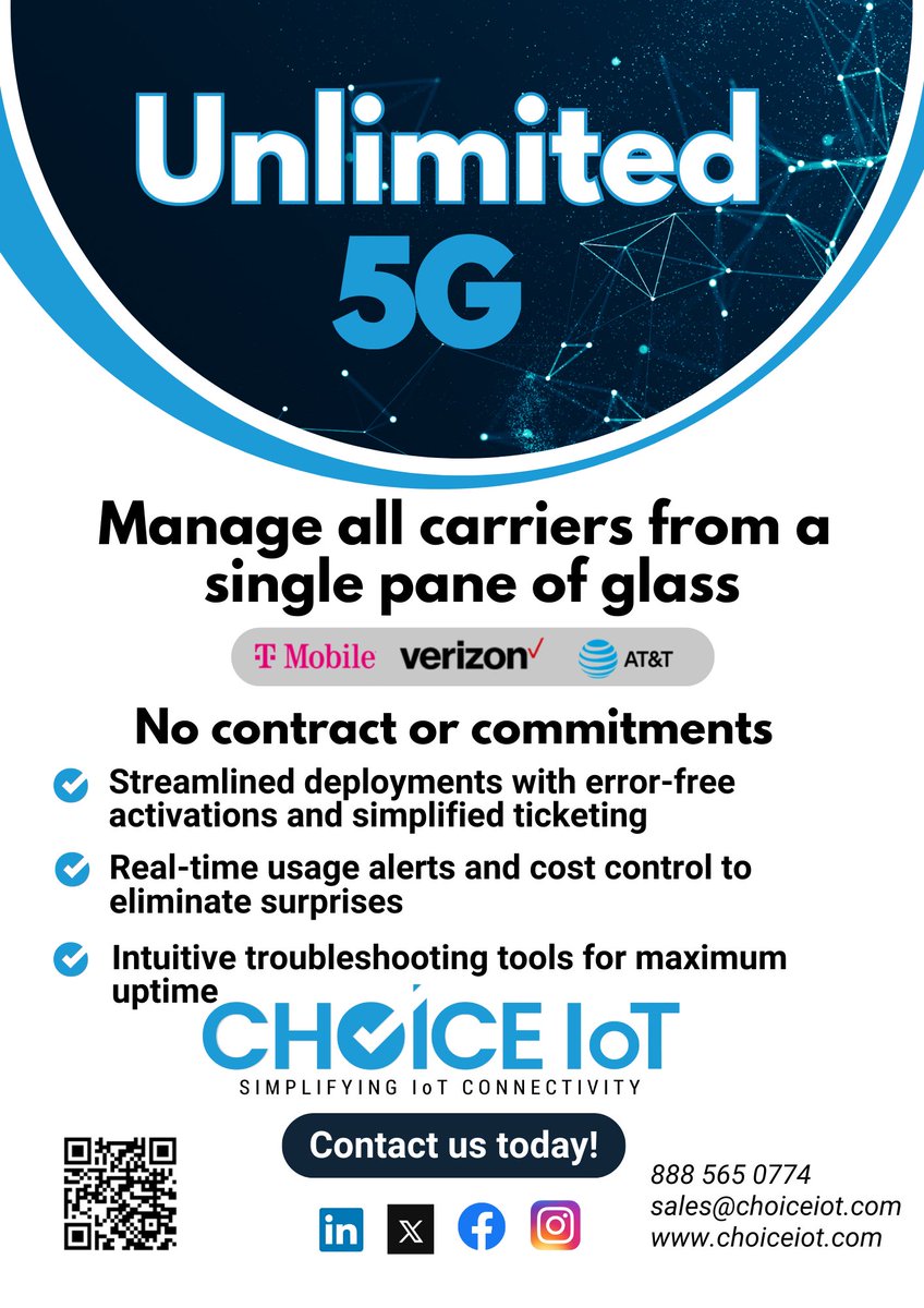 ChoiceIoT's tweet photo. Seamless #IoTConnectivity with our new Unlimited #5G plan!
Manage all wireless carriers from a single pane of glass.
Visit https://t.co/lXjihGyrfM for more information on customized data plans.
#IoT #FWA #5gsim #datasim #unlimiteddata #iotsim #verizon #tmobile #choiceiot https://t.co/PYqynGdSXO