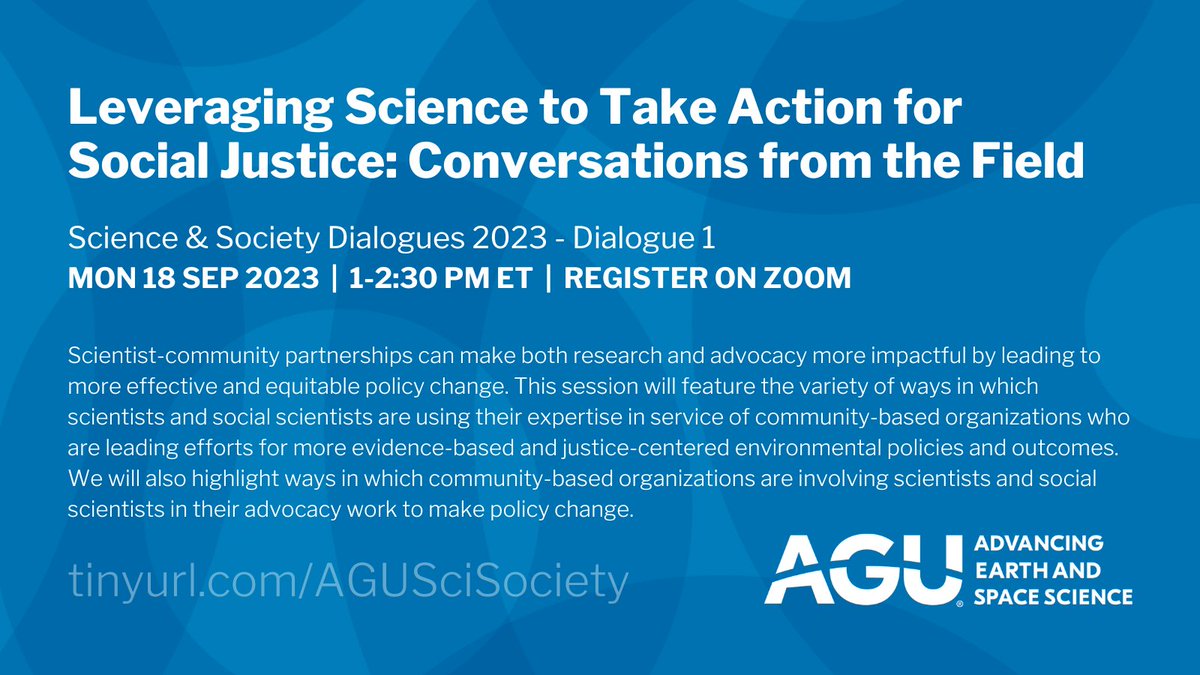 REGISTER NOW FOR SCIENCE + JUSTICE WEBINAR |  Leveraging Science to Take Action for Social Justice: Conversations from the Field on 18 Sep at 1p ET. Join <a href="/theAGU/">AGU (American Geophysical Union)</a> Science &amp; Society Dialogue 1 of 2. Free Zoom registration: connect.agu.org/scienceandsoci…