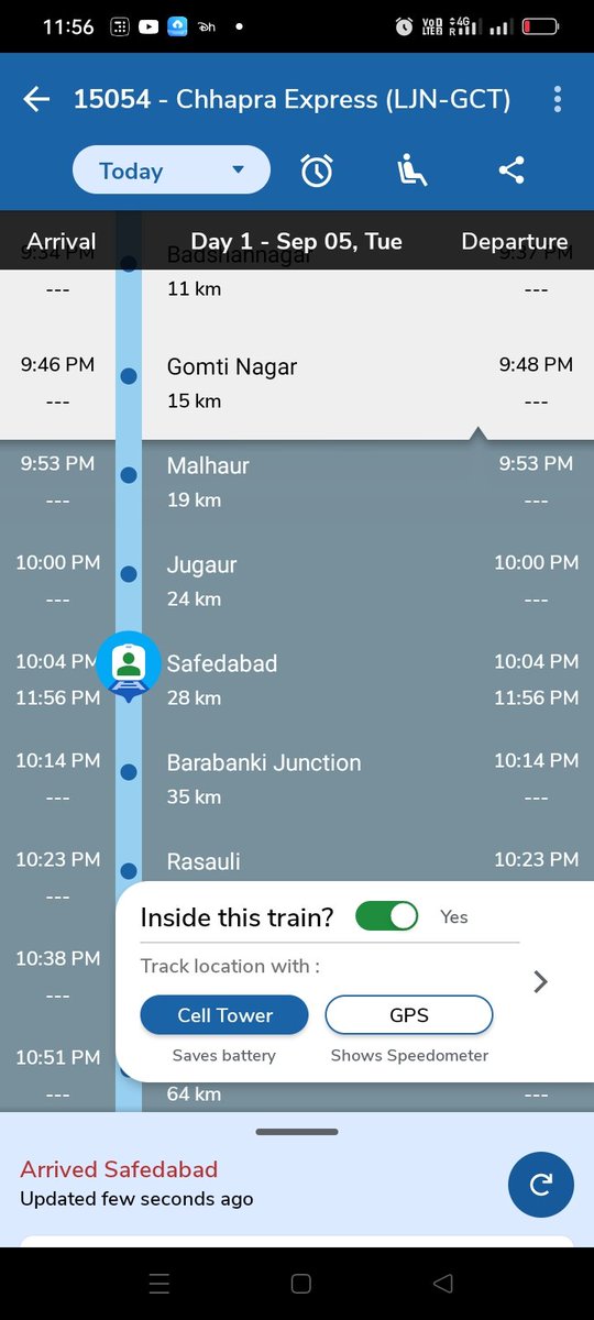 Train No. 15054 has been waiting at an outer stop in front of Gomti Nagar station for the more then two hours. What is the reason for stopping so long? When will it leave? I have to reach my destination at 8 am tomorrow. What kind of service is this?

<a href="/RailwaySeva/">RailwaySeva</a>