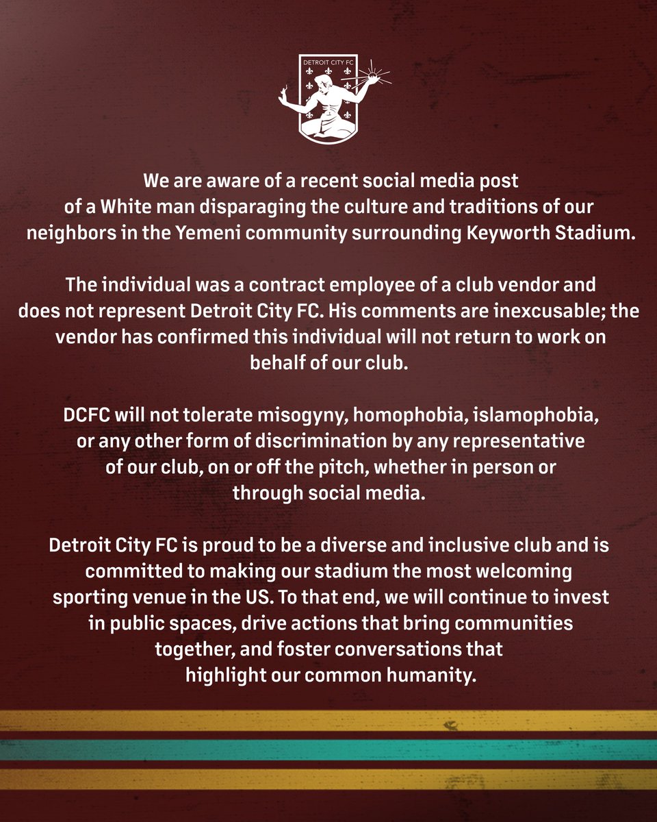 DetroitCityFC's tweet image. Our commitment to a safe and welcoming community begins at Keyworth Stadium and we remain dedicated to making our home the most welcoming venue in all of US sports.