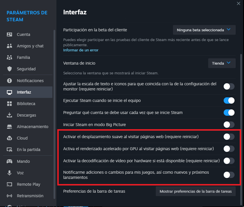 JOptimizacion's tweet photo. 🎮 Optimización Steam (Posible fix a Stuttering/Drops fps CSGO y CS2)🇪🇸/🇬🇧
1️⃣ Dirígete a: Steam ➡️ Parámetros. 
2️⃣ Bajo 'Amigos y chat': Desactiva la mayoría de opciones, pero prioriza deshabilitar "Activar los chats animados...". Lo destaque en rojo en mi configuración. 
3️⃣ En 'Interfaz': Marque ciertas opciones que sugiero desactivar para una mejor rendimiento
4️⃣ En 'Biblioteca': Asegúrate de tener 'Modo bajo rendimiento' activado. 
5️⃣ En 'Partida': Personalmente, desactivo todo, incluyendo la interfaz de Steam. Si prefieres mantener la interfaz, siguiendo los pasos anteriores deberías tener una mejora notable. 
-------------------------------------------------------------
🎮 Steam Optimization (Potential fix for Stuttering/FPS Drops in CSGO and CS2) 
1️⃣ Go to: Steam ➡️ Settings. 
2️⃣ Under 'Friends and Chat': Turn off most options, but prioritize disabling "Enable animated chats...". I highlighted this in red in my settings. 
3️⃣ In 'Interface': I marked certain options that I suggest turning off for better performance. 
4️⃣ In 'Library': Make sure you have 'Low Performance Mode' activated. 
5️⃣ In 'Game': Personally, I turn off everything, including the Steam interface. If you prefer to keep the interface, by following the previous steps you should notice a significant optimization.