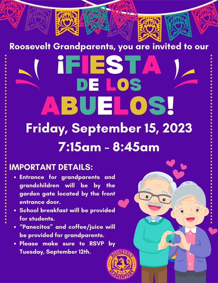 Roosevelt Grandparents, it's time for a "¡Fiesta de los abuelos!" Please join us at our Grandparent's Day celebration next Friday, September 15th! 🐴💐🫶🏼💜