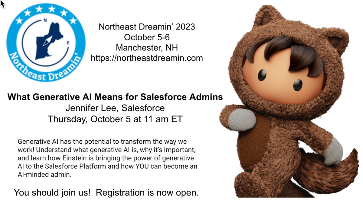 I'm excited to be back at @NEDreamin this year. Are you also attending #AwesomeAdmins? There is still time to register at northeastdreamin.com/register/. Check out my session on Thursday, October 5 at 11am ET and learn what generative AI means for you!