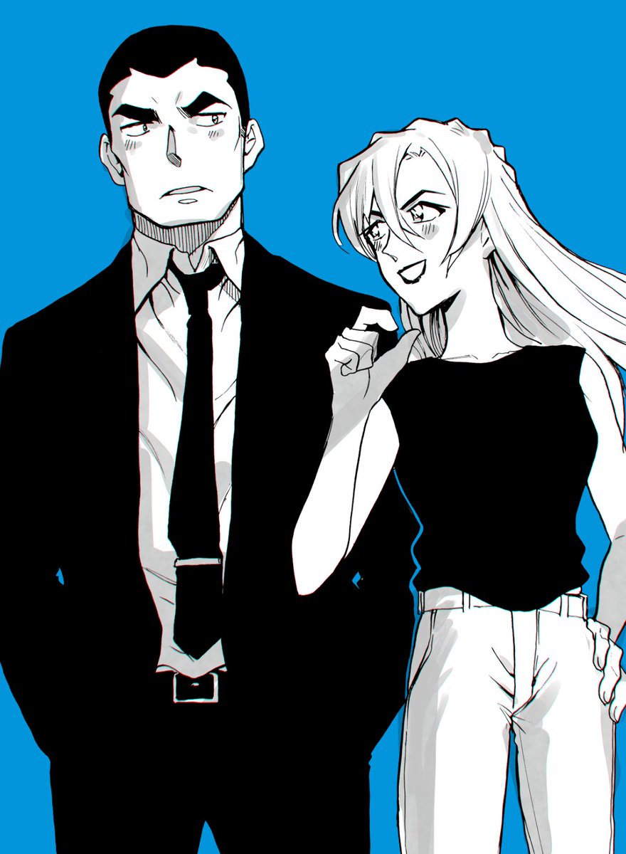 1girl 1boy necktie pants long hair shirt blue background  illustration images