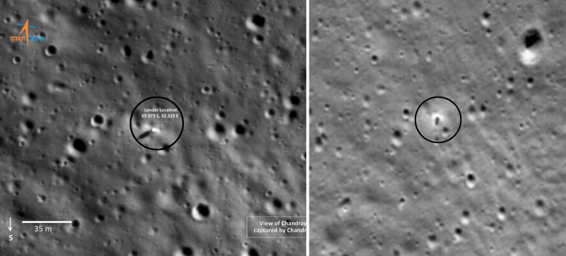 Made a comparison image between the OHRC (Left) of #Chandrayaan2 orbiter and LROC (right) of NASA's LRO of the #Chandrayaan3 landing site also called as #ShivShakti point