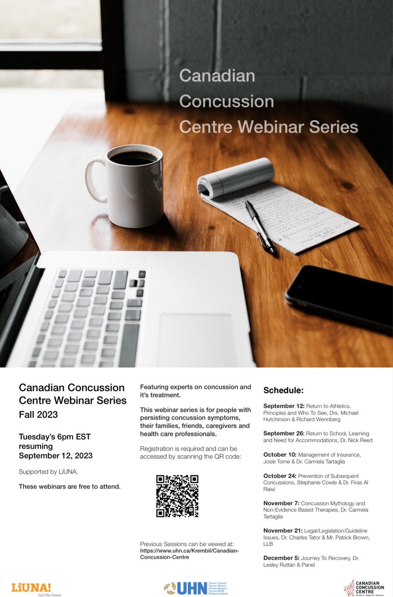 Join our free webinar series starting Tuesday Sept 12 at 6pm, with new webinars biweekly. Anyone suffering from concussions, their families, and health care professionals are welcome and can benefit from this webinar series. Register today using the QR code in the attached flyer!