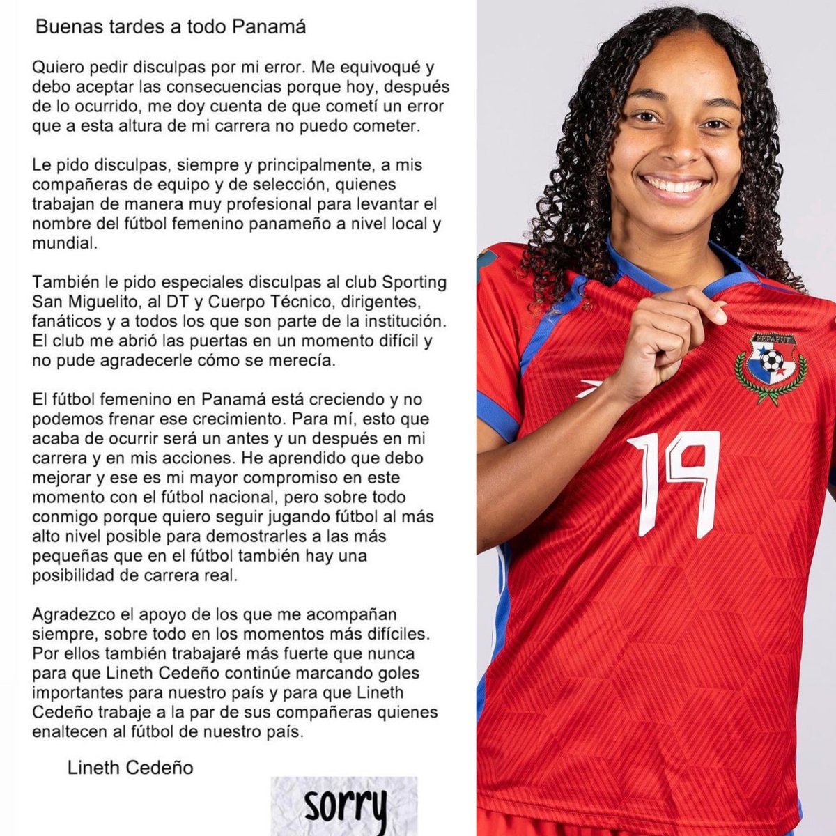 nicolleferguson's tweet photo. Lineth Cedeño🇵🇦 ofrece disculpas y acepta su error, a través de un comunicado publicado en sus redes sociales, luego que Sporting SM tomara la decisión de separarla del equipo. https://t.co/asz7Sty7UG