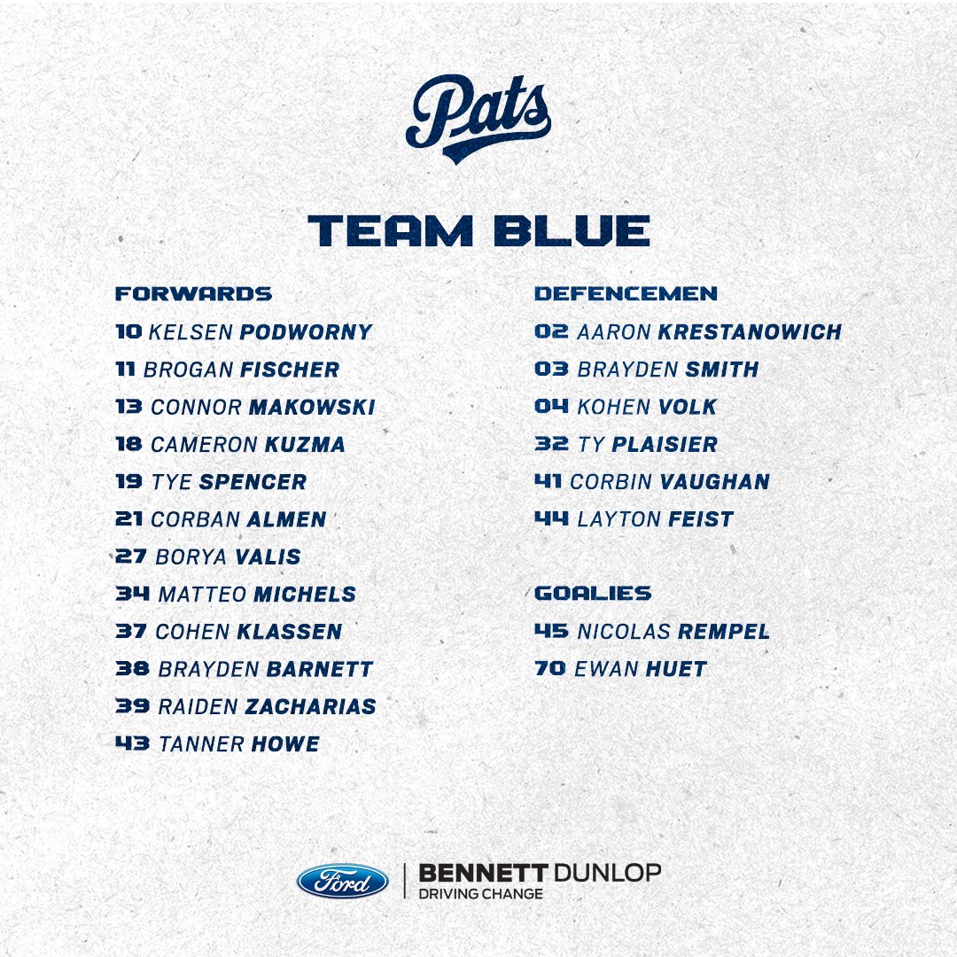 WHLPats's tweet photo. Here are your official rosters for tonight’s 🔵🆚⚪️ game!
Puck drop is at 6pm inside the Brandt Centre!
#PatsTrainingCamp #ReginaPatsHockey #blueandwhitegame https://t.co/vvLs5KIqon