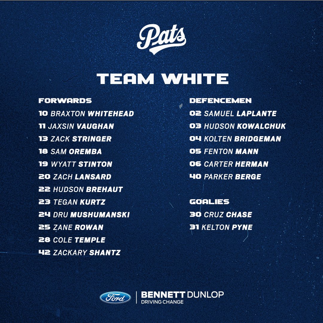 WHLPats's tweet photo. Here are your official rosters for tonight’s 🔵🆚⚪️ game!
Puck drop is at 6pm inside the Brandt Centre!
#PatsTrainingCamp #ReginaPatsHockey #blueandwhitegame https://t.co/vvLs5KIqon