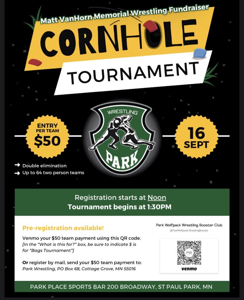 Register your team today! Park High 🤼‍♀️Wrestling Fundraiser Cornhole Tournament! Show your WOLFPACK🐺spirit! #saturdayseptember16th #parkwolfpack #parkwrestling #parkplacesportsbar #cornhole