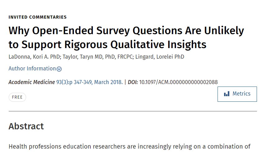 Anthony R Artino Jr (@mededdoc) on Twitter photo For all those in #MedEd "doing exploratory qualitative work using open-ended items on a #survey," I beg you to please READ this paper by <a href="/Kori_LaDonna/">Kori LaDonna</a> and <a href="/LingardLorelei/">Lorelei Lingard</a>, since a survey is likely the wrong tool for the type of qualitative work you intend to do...
"One example For all those in #MedEd "doing exploratory qualitative work using open-ended items on a #survey," I beg you to please READ this paper by <a href="/Kori_LaDonna/">Kori LaDonna</a> and <a href="/LingardLorelei/">Lorelei Lingard</a>, since a survey is likely the wrong tool for the type of qualitative work you intend to do...
"One example