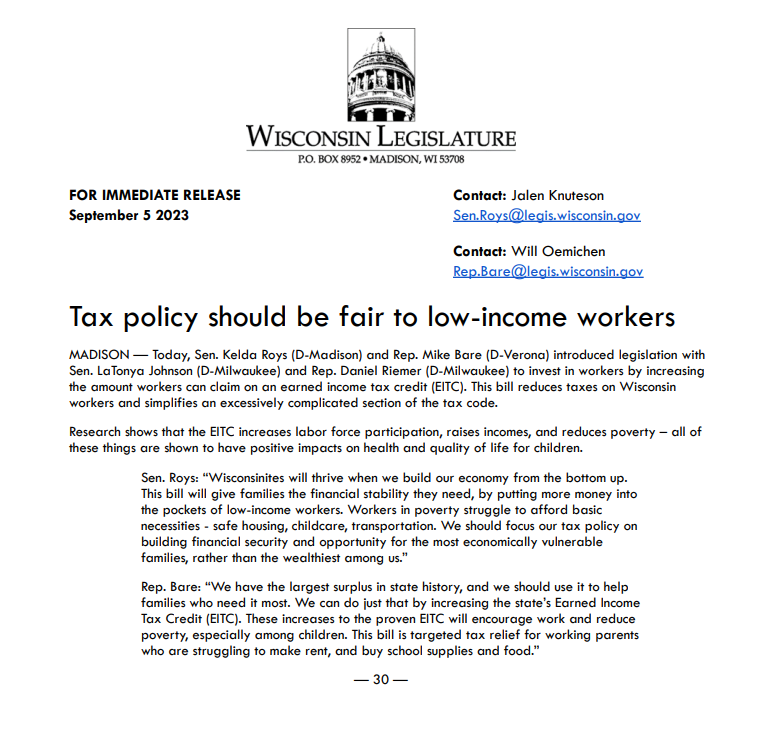 RepBare's tweet photo. I just released legislation alongside @SenKeldaRoys, @StateSenLaTonya, and @RepDanielRiemer to increase Wisconsin's Earned Income Tax Credit. These increases will encourage work and reduce poverty, especially among children. https://t.co/vb6O4krTjI