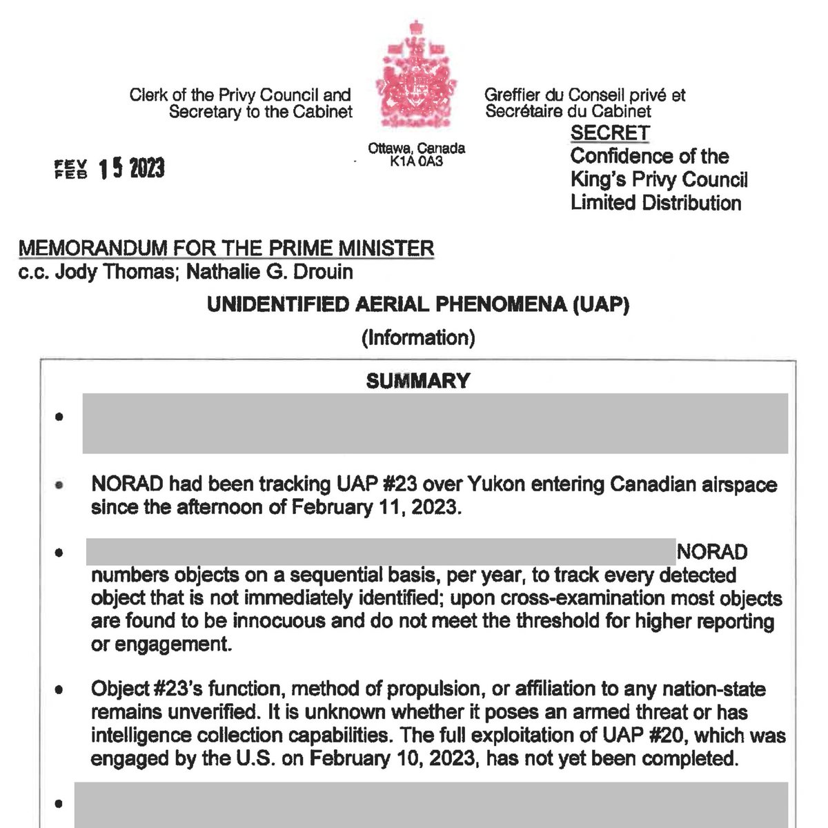 🇨🇦 Prime Minister Justin Trudeau was provided a "Secret" memo on "Unidentified Aerial Phenomena."

Shared by researcher <a href="/Steve_uap2020/">Steve Te.</a>, the declassified doc discusses the object shot down over Yukon in Feb. 2023. Read my latest for <a href="/CTVNews/">CTV News</a>👉🏼ctvnews.ca/canada/read-se… #uap #cdnfoi🔍
