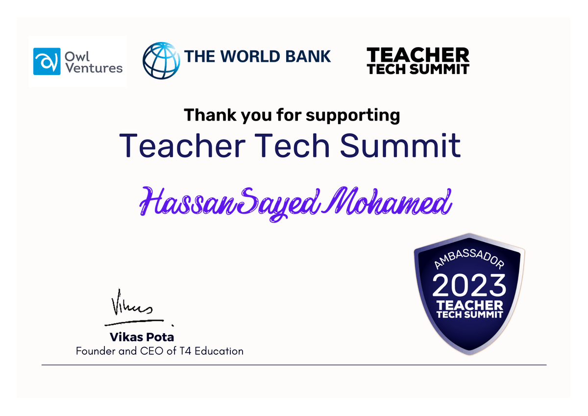 HassanS82758668's tweet photo. TEACHER TECH SUMMIT 2023 AMBASSADOR CERTIFICATE
#T4Ambassador, #TeacherTechSummit #T4Education
#Hassan_Sayed_Mohamed https://t.co/rDDuVjncHo
