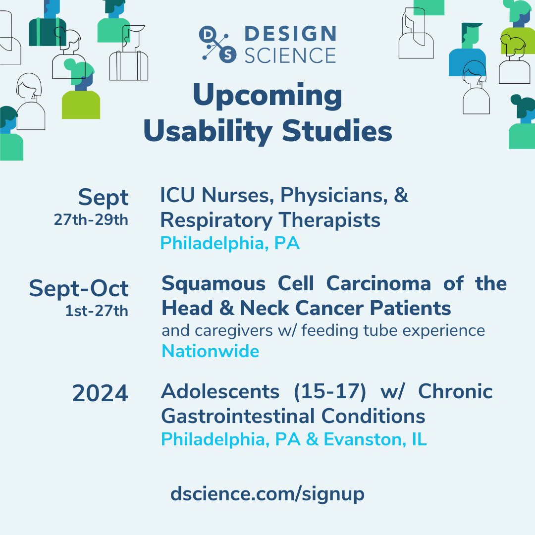 designscience's tweet image. Announcing our upcoming Fall 2023 usability studies. Help us make your healthcare technology more inclusive and accessible for all. Together, we&apos;re breaking barriers and building an medical future with easy access! #UsabilityStartsHere #userexperience #ChronicIllness