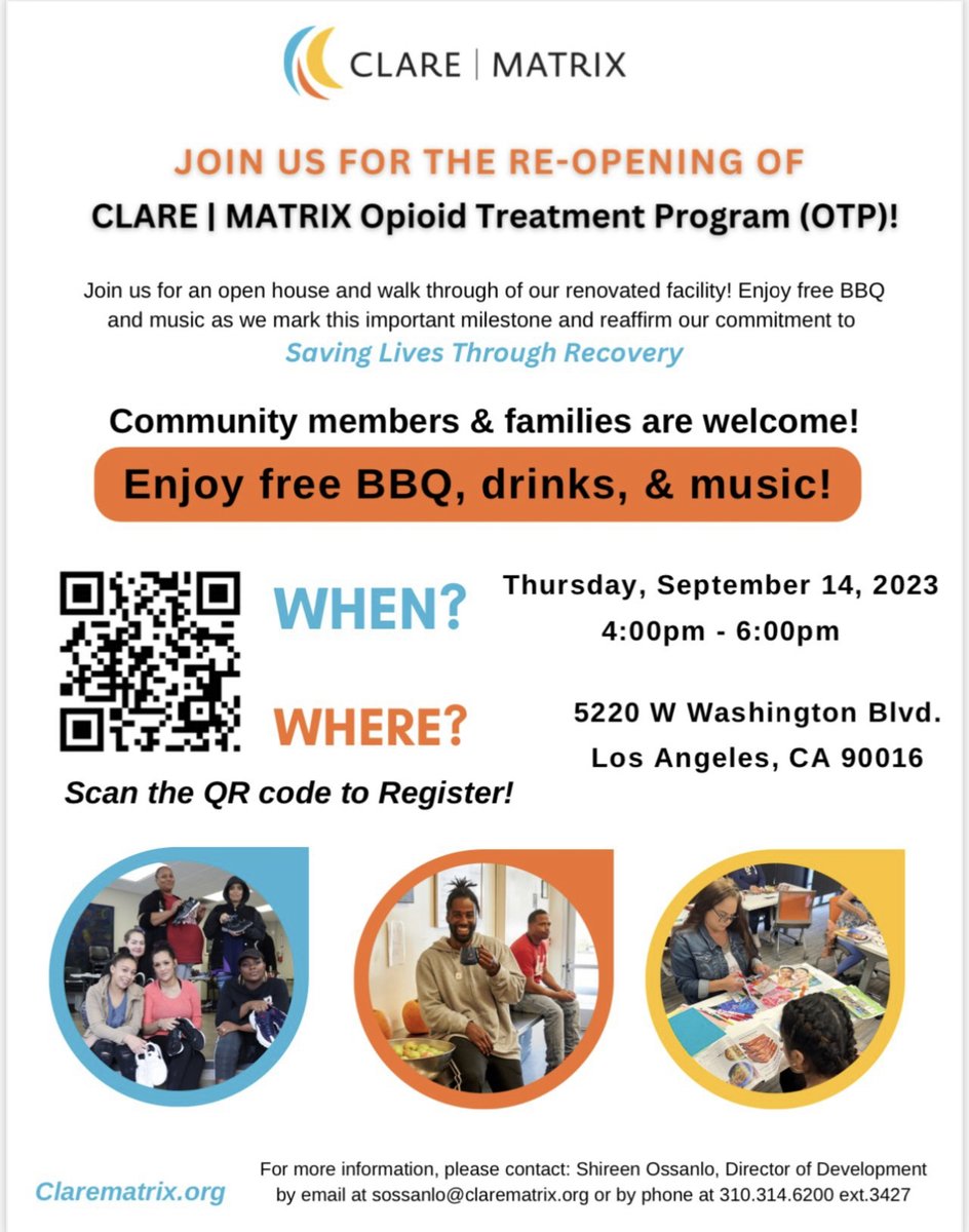 Join us Thursday, September 14, as we re-open our newly renovated outpatient facility. Enjoy free BBQ, drinks, and music and connect with community members dedicated to saving lives through recovery. Scan the QR code or LINK IN BIO #recovery #awareness #clarematrix