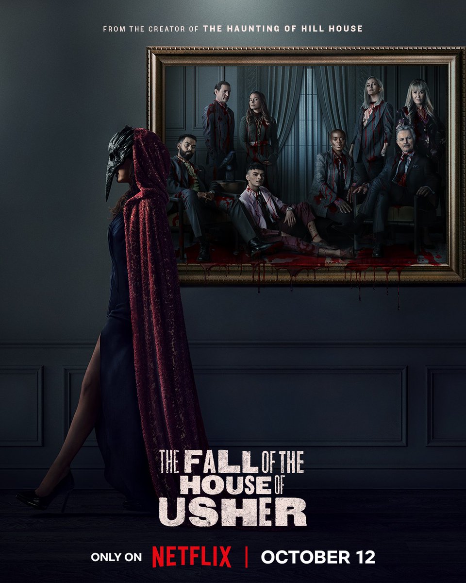El póster oficial de THE FALL OF THE HOUSE OF USHER muestra a la muerte roja de Carla Gugino acechando a la familia Roderick. La última serie de Mike Flanagan para Netflix adapta a Edgar Allan Poe y se estrena el 12 de octubre. El tráiler sale la semana que viene.