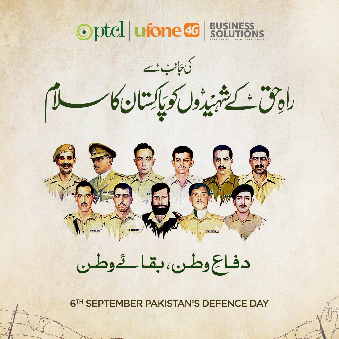 PTCLbusiness's tweet photo. On this historic day, we unite as one nation to pay tribute to our fearless heroes. Their unmatched bravery in defending our homeland secured our freedom and sovereignty. PTCL Group stands in solidarity with the sacrifices made on September 6.

#PakistanDefenceDay https://t.co/CkrbPERAyO